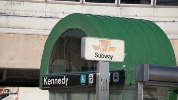 Kennedy Station signage and entrance on a sunny winter day. Scarborough RT (Rapid Transit), Line 3 Taken on February 9, 2021