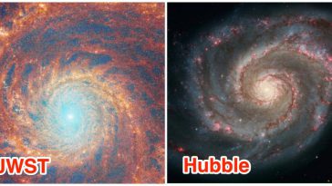 A composite showing the winding arms of the grand-design spiral galaxy M51 as seen from the James Webb Telescope in 2023 and Hubble in 2005.