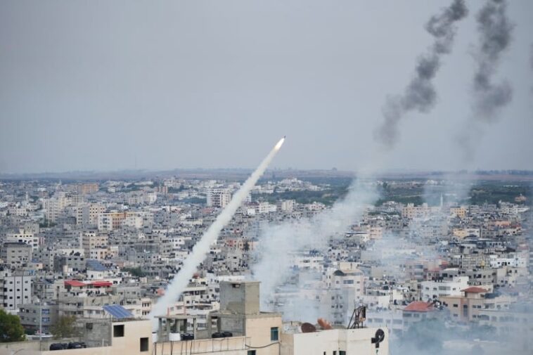 Rockets are launched toward Israel, from Gaza, on Saturday, Oct. 7, 2023.