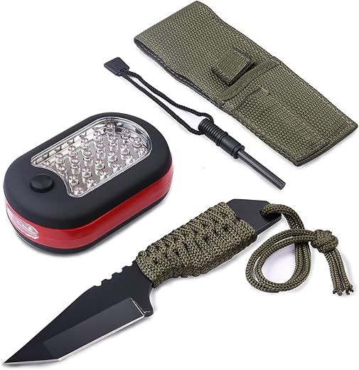 3-Piece Outdoor Survival Tool Kit, 7-Inch Fixed Blade Knife, Fire Starter, And A Bonus Worklight - Perfect To Toss In Your Backpack, Bug Out Bag Or Glove Box For Camping, Hiking, Fishing And Emergency