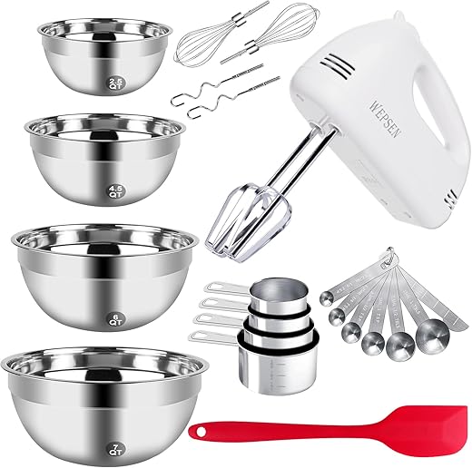 5-Speed Electric Hand Mixer, 5 Large Mixing Bowls Set, Handheld Mixers With Whisks Beater, Stainless Steel Metal Nesting Bowl Measuring Cups Spoons Kitchen Cake Blender For Prep Baking Supplies