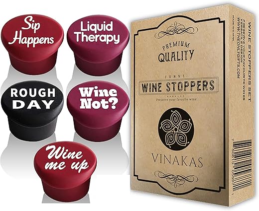 5 Funny Wine Stoppers - Perfect As Wine Accessories Or Wine Gifts For Women - Set Of 5 Funny Silicone Wine Bottle Stopper. A Great Christmas Gifts For Women Or Men. Better Than Wine Corks.