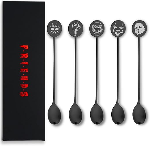 5Pcs Horror Movie Characters Engraved Stainless Steel Espresso Spoon Ice Tea Coffee Stirring Spoon Spooky Gift For Horror Lovers Horror Writers Halloween Horror Birthday Decorations