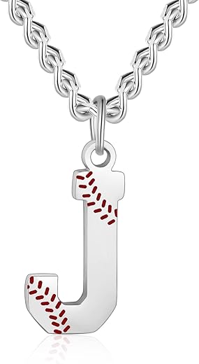 Aiainagi Baseball Initial A-Z Letter Necklace For Boys Baseball Charm Pendant Stainless Steel Silver Chain 22Inch Personalized Baseball Gift For Men Women Girls（J