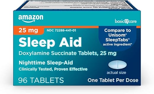 Amazon Basic Care Nighttime Sleep Aid Tablets For Adults, Doxylamine Succinate 25 Mg, 96 Count