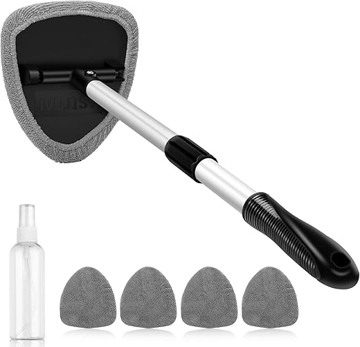 Astroai Windshield Cleaner, Microfiber Car Window Cleaner With 4 Reusable And Washable Microfiber Pads And Extendable Handle Auto Inside Glass Wiper Kit, Gray