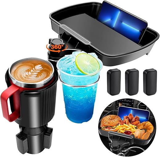 Aucurwen Cup Holder Tray For Car Cup Holder Expander For Car, 3 In 1 Expandable Car Food Table Tray For Eating - Road Trip Essentials, Car Gadgets For Men, Car Travel Accessories Fits 12-40 Oz
