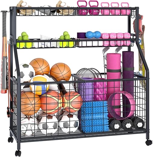 Azheruol Ball Storage Rack Large Sports Equipment Organizer Cart For Garage,Home Gym Multifunctional Sports Gear Storage For Indoor Or Outdoor, Ball Rack For Basketball,Baseball, Football, Toys