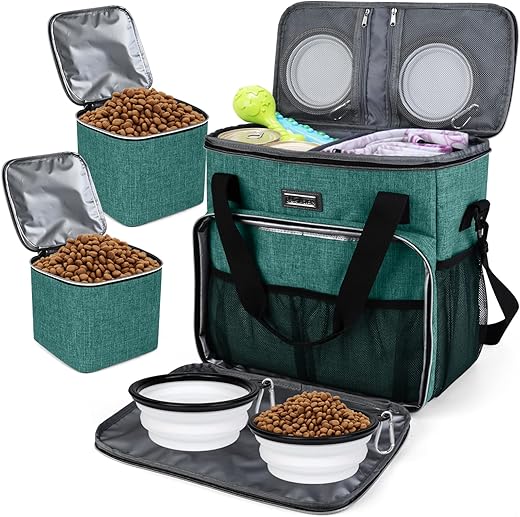 Baglher Dog/Pet Travel Bag（All Pet Travel Supplies）, With 2 Pet Food Containers And 3 Collapsible Silicone Bowls; Essential Kits For Travel Green