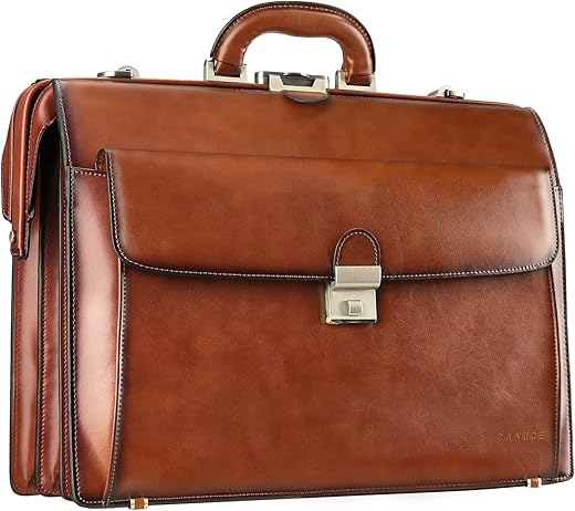 Banuce Vintage Leather Briefcase For Men With Lock Lawyer Attache Case Hard 15.6 Laptop Attorney Litigator Bags Brown