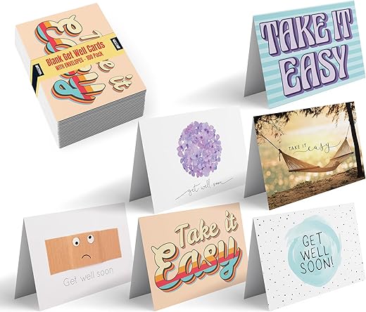 Better Office Products 50 Pack Get Well Cards With Envelopes, Take It Easy Thinking Of You Cards, 4 X 6 Inch, 6 Varied Cover Designs, Blank Inside