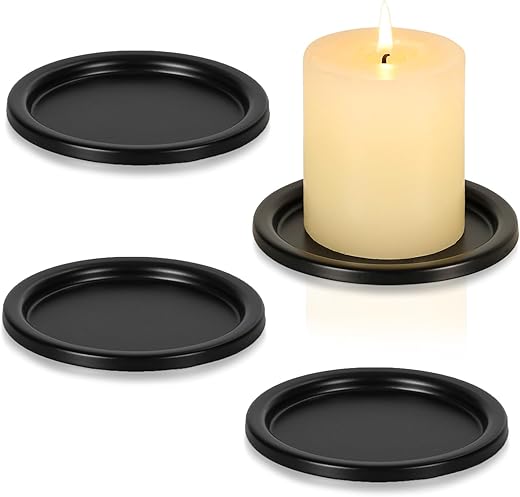 Black Iron Plate Candle Holder- Set Of 4 |3.8&Quot; D X 0.2&Quot; H| Decorative Iron Pillar Candle Plate, Elegant Candle Stand For Led &Amp; Wax Candles, Incense Cones, Spa, Weddings (4 Pcs)