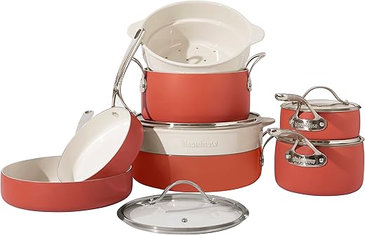 Bloomhouse - Oprah'S Favorite Things - 12 Piece Aluminum Pots And Pans Cookware Set W/Non-Toxic Ceramic Non-Stick, Ceramic Steamer Insert, &Amp; 12 Protective Care Bags - Terracotta Orange