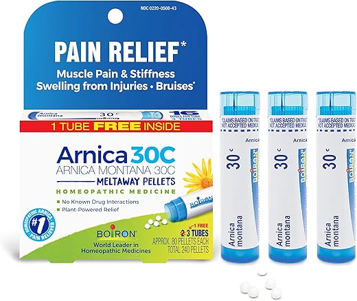 Boiron Arnica Montana 30C Homeopathic Medicine For Relief From Muscle Pain, Muscle Stiffness, Swelling From Injury, And Discoloration From Bruises - 3 Count (240 Pellets)