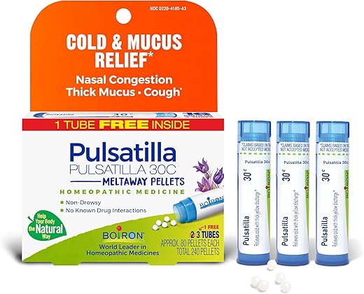 Boiron Pulsatilla 30C Homeopathic Medicine For Relief From Cold, Nasal Congestion, Thick Mucus, And Cough - 3 Count (240 Pellets)