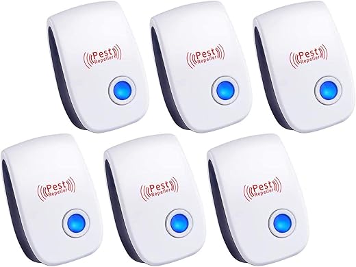 Bontiga Ultrasonic Pest Repeller (6 Packs) Indoor Plug-In Gadget, Can Repel Mosquitoes, Bed Bugs, Cockroaches, Spiders, Mice, Bats, Birds, Flies, Mosquitoes, Fleas, Rodents, White, 6.9X4.9X2.75 Inch
