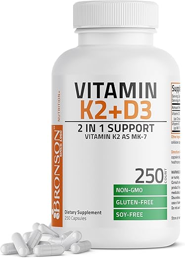 Bronson Vitamin K2 (Mk7) With D3 Supplement Bone And Heart Health Non-Gmo Formula 5000 Iu Vitamin D3 &Amp; 90 Mcg Vitamin K2 Mk-7 Easy To Swallow Vitamin D &Amp; K Complex, 250 Capsules