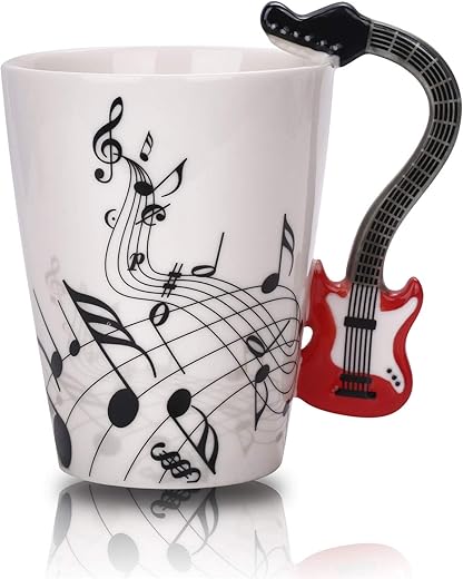 Buyneed 12.9 Oz Guitar Mug Music Note Tea Coffee Milk Ceramic Guitar Music Cup Mug Gifts For Guitar Players Musicians,Music Lover Gift For Women,Men, Friend,Teacher,Red