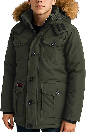 Canada Weather Gear Boys' Winter Jacket - Heavyweight Teflon Canvas Parka Coat Winter Ski Jacket (Size 8-20), Size 10-12, Olive Green