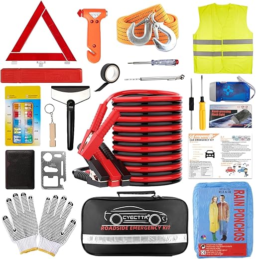 Car Roadside Emergency Kit,Auto Vehicle Truck Safety Emergency Road Side Assistance Kits With Jumper Cables,Safety Hammer,Reflective Warning Triangle,Tire Pressure Gauge,Tow Rope,Etc