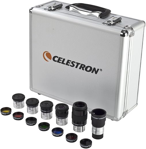 Celestron – 1.25” Eyepiece And Filter Accessory Kit – 14 Piece Telescope Accessory Set – Plossl Telescope Eyepiece – Barlow Lens – Colored Filters – Moon Filter – Sturdy Metal Carry Case