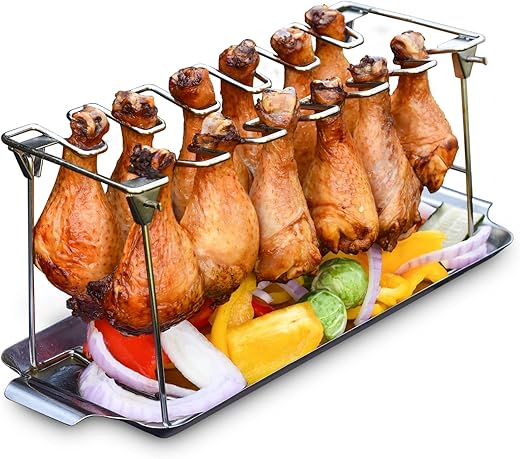 Chicken Leg Rack For Grill With Drip Tray - Easy To Use 12 Slots Chicken Wing Rack - Premium Stainless Steel Chicken Drumstick Rack For Smoker - Chicken Drumstick Holder For Grill Accessories