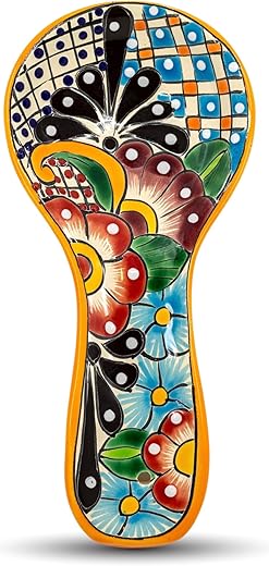 Colorful Ceramic Spoon Rest - Hand Painted Large Size Talavera Kitchen Utensil Holder For Counter Stove Top In Gift Box - Dishwasher Safe Lead Free Cooking Ladle Dish Mexican Style Cuchara Multicolor