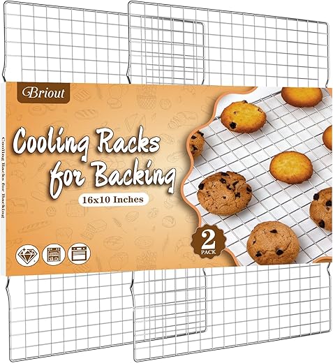 Cooling Rack For Baking 2-Pack, 16X10 Inches Baking Rack, Thick Wire Cookie Rack For Cooking, Roasting, Grilling, Drying, Oven Safe, Fits Half Sheet Pan, Silver
