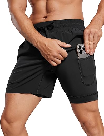 Crz Yoga Men'S 2 In 1 Running Shorts With Liner - 5'' Quick Dry Workout Sports Athletic Shorts With Pockets Black Large