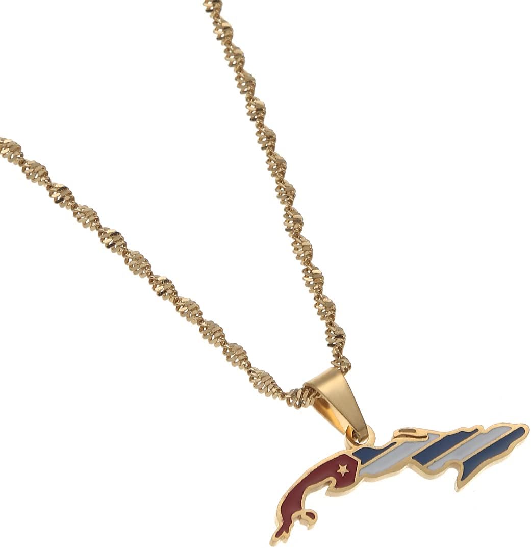 Cuba Map Flag Pendant Necklaces Map Of Cuban Charm Gold Color Jewelry Gifts (Gold)