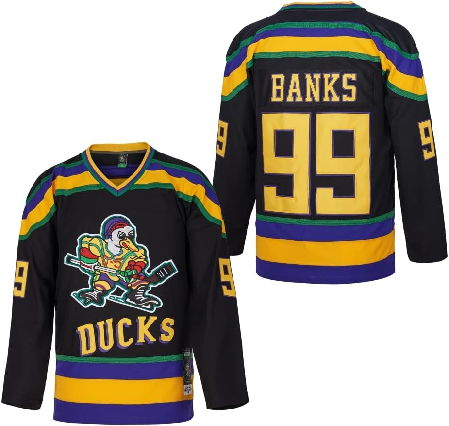 D-5 Men Mighty Ducks Jersey #33 Goldberg #66 Bombay #96 Conway #99 Banks Jersey,Movie Ice Hockey Jersey For Men S-Xxxl (#99-Black, Large)
