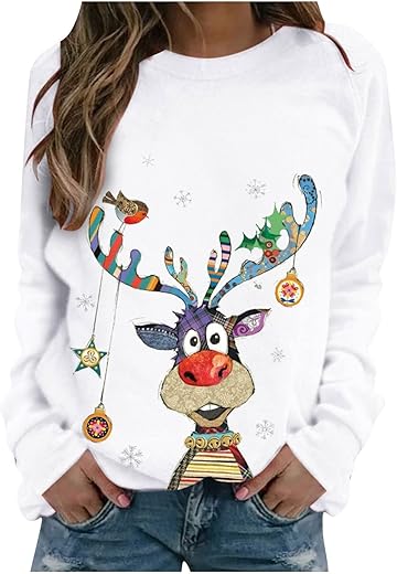 Dayingjia Ugly Christmas Sweatshirt Shirts For Women Cute Elk Print Casual Long Sleeve Crewneck Pullover Sweatshirts Top White