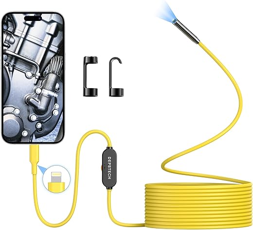 Depstech Endoscope Camera With Lights, 7Mm Slim Probe Borescope Inspection Camera With Bluart 3.0 Tech, 16.4Ft Semi-Rigid Cable, Ip67 Waterproof Snake Camera For Ios 12.0+ Device,Gadget For Men-Yellow