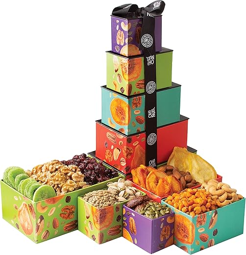 Dried Fruits &Amp; Nuts Tower With Black Ribbon Gift Basket, 5 Tier Gourmet Arrangement Platter, Healthy Kosher Snack Box For Birthday, Anniversary, Care Package For Men, Women, Adults - Oh! Nuts