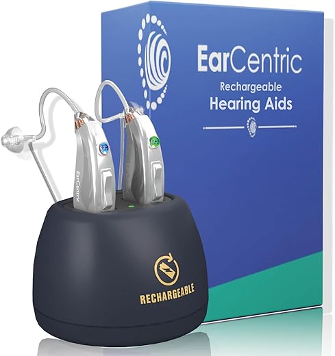 Earcentric Easycharge Rechargeable Hearing Aids For Seniors Mid-Aged - Mild To Severe High Frequency Hearing Loss Aid Otc Sound Amplifiers - Magnetic Charger, 24X7 Customer Support [Light Beige-Pair]