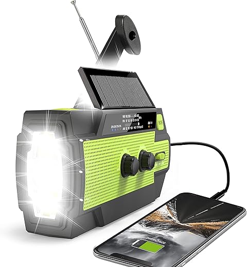 Emergency Crank Weather Radio, 4000Mah Solar Hand Crank Portable Am/Fm/Noaa, With 1W 3 Mode Flashlight &Amp; Motion Sensor Reading Lamp, Cell Phone Charger, Sos For Home And Emergency Green