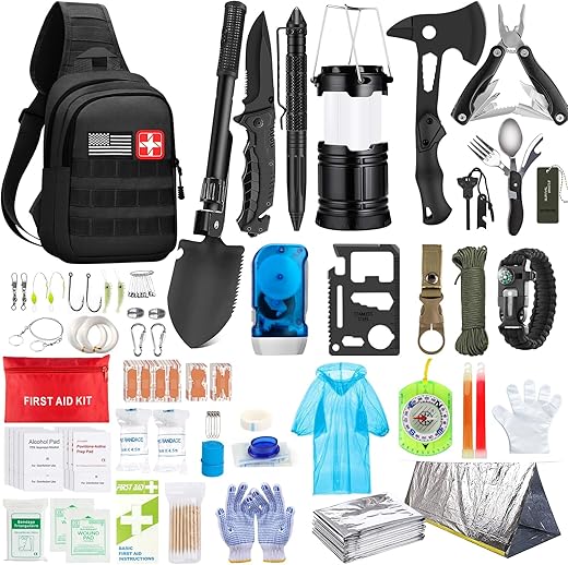 Emergency Survival Kit, 151 Pcs Survival Gear First Aid Kit, Outdoor Trauma Bag With Tactical Flashlight Knife Pliers Pen Blanket Bracelets Compass For Camping Earthquake Or Adventures (Black)