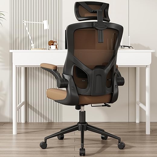 , Ergonomic Mesh Desk Chair, High Back Computer Chair- Adjustable Headrest With Flip-Up Arms, Lumbar Support, Swivel Executive Task Chair (Mummy Brown, Modern)