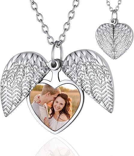 Findchic Personalized Heart Locket Necklace Angel Wings Pendant With Photo Printing Platinum Plated Dainty Custom Full Color Picture Memorial Jewelry For Women Mom Loss Of Father Gift