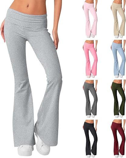 Fold Over Yoga Pants For Women Flare Leggings Y2K Low Rise Cotton Leggings Casual Comfy Workout Gym Tummy Control Bootcut Bell Bottom Leggings Wide Leg Lounge Pants Trousers Flowy Stretch Pants