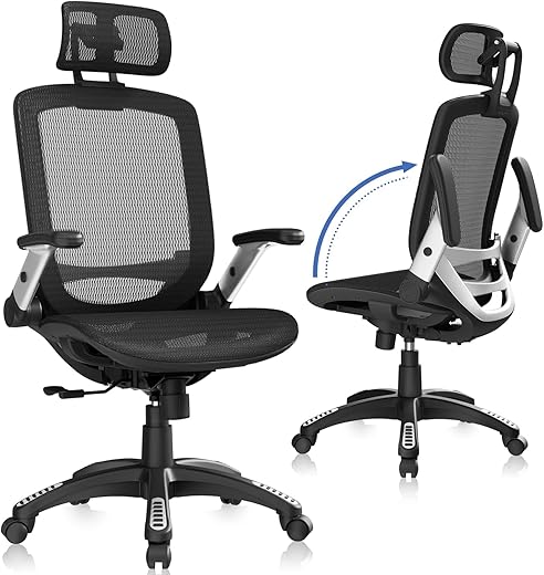 Gabrylly Ergonomic Mesh Office Chair, High Back Desk Chair - Adjustable Headrest With Flip-Up Arms, Tilt Function, Lumbar Support And Pu Wheels, Swivel Computer Task Chair