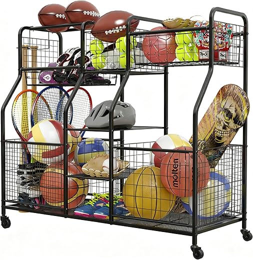 Garage Sports Equipment Organizer, Ball Storage Rack, Garage Organizer System, Indoor/Outdoor Sports Rack, Rolling Sports Ball Storage Cart With Wheels, For Basketballs Footballs Volleyball, Black
