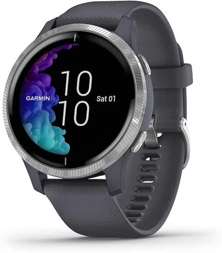 Garmin Venu, Gps Smartwatch With Bright Touchscreen Display, Features Music, Body Energy Monitoring, Animated Workouts, Pulse Ox Sensors And More, Granite Blue And Silver