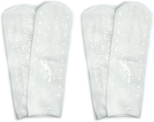 Gbm Geckos - Double Tread Non-Slip Safety Socks For Hospital Or Yoga - 2 Pairs (White, Bariatric)