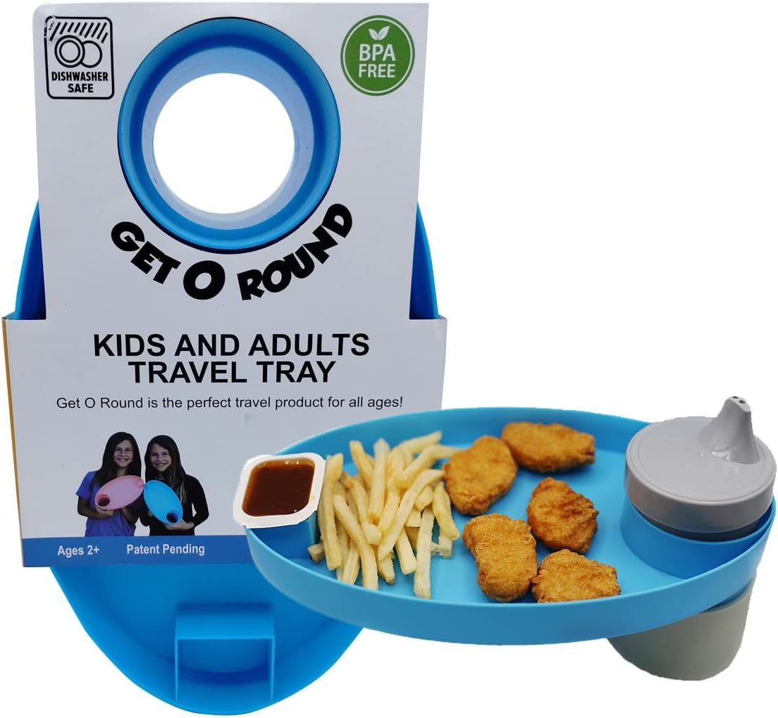 Get O Round - Kids Travel Tray With Sauce Holder, Kids Travel Tray For Car Seat, Travel Essentials For Food, Fries, Snacks And Drink Holder, Universal Fit Cup Holder.