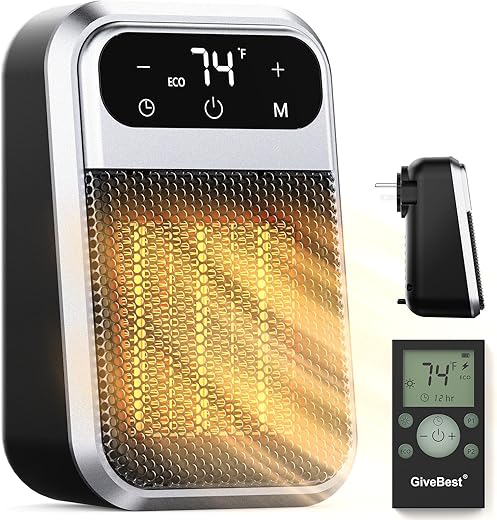 Givebest 800W Wall Outlet Space Heater With Remote,Led Display Small Plug In Electric Heater With Adjustable Thermostat And Timer For Rv And Home Office Bathroom Indoor Use,Etl Listed