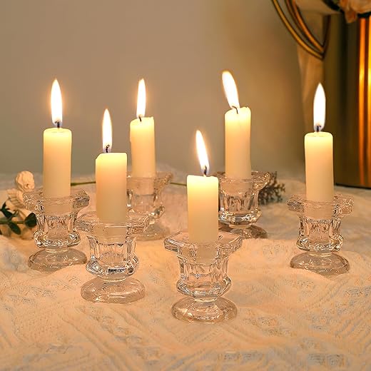 Glass Candlestick Holders, Set Of 6 Clear Candle Holders For Taper Candles Small Table Centerpiece Decor For Wedding Birthday Party Thanksgiving Christmas Candlelight Dinner Decoration