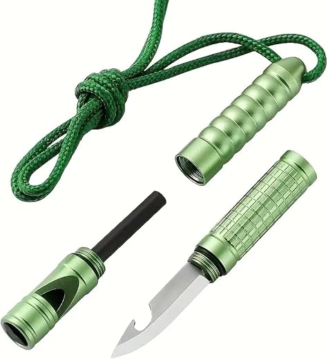 Green 4 In 1 Fire Starter Survival Tool, Whistle For Emergency Survival Kits For Camping, Flint And Steel With Lanyard, Pocket Knife And Bottle Opener, Hiking, All-Weather Magnesium Ferro Rod Tool