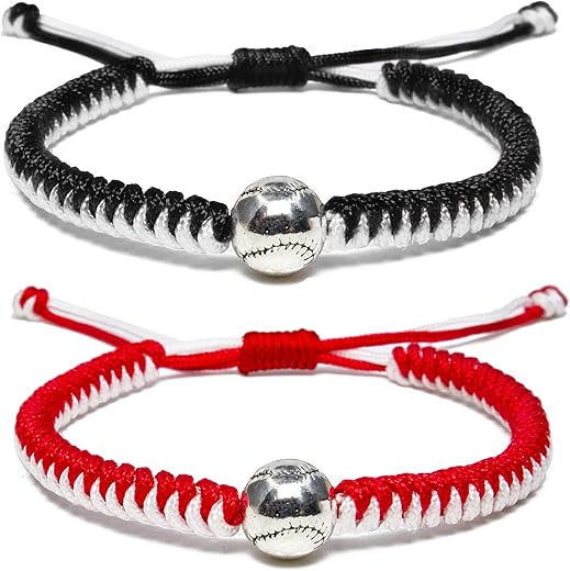 Handmade Braided Bracelets Baseball Gifts For Boys Adjustable Wristbands With Baseball Beads, Inspirational Baseball Bracelets For Girls Teens Adults (Red And Black 2Pcs)
