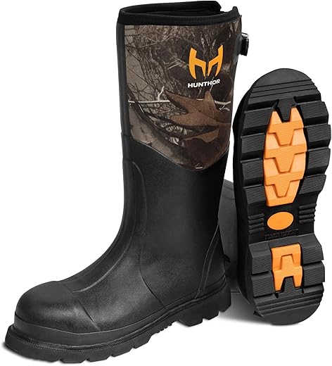 Hunthor Rubber Work Boots, Steel Toe Rubber Boots For Men, Waterproof 6Mm Neoprene Rubber Hunting Boots For Farming, Gardening, Fishing, Outdoor Work (Camo, 11)